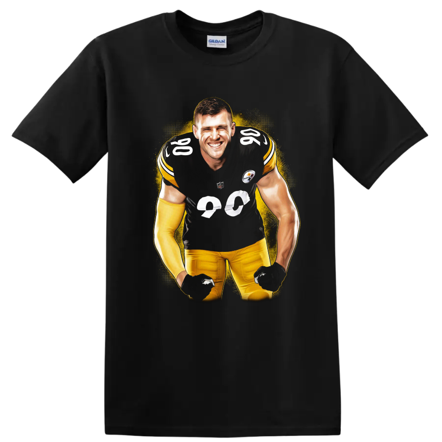 T.J. Watt Pittsburgh Steelers number 90 football player portrait with gold splatter on a Black T Shirt