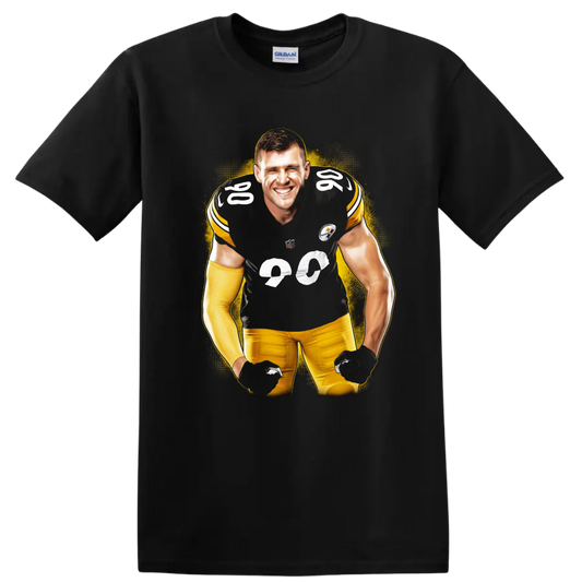 T.J. Watt Pittsburgh Steelers number 90 football player portrait with gold splatter on a Black T Shirt