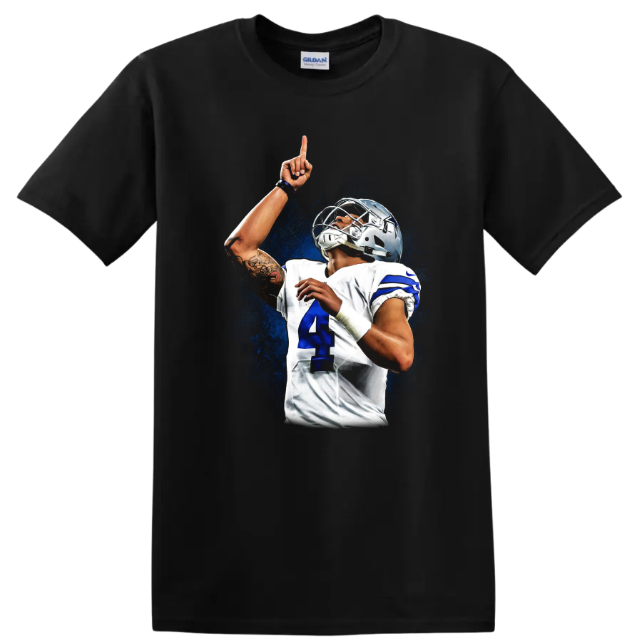 Dak Prescott Dallas Cowboys football action portrait with blue splash background on a Black T Shirt