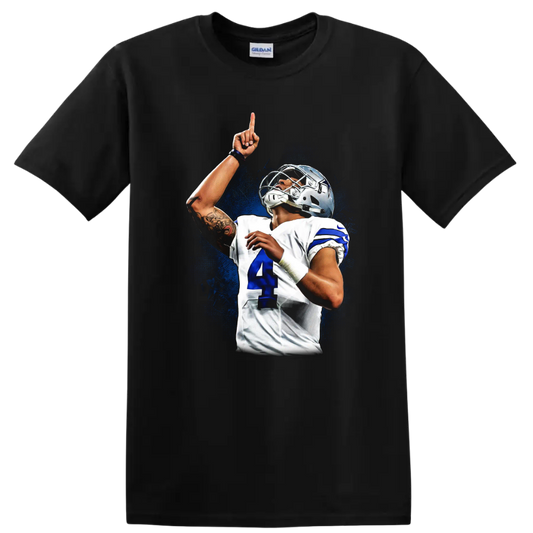 Dak Prescott Dallas Cowboys football action portrait with blue splash background on a Black T Shirt