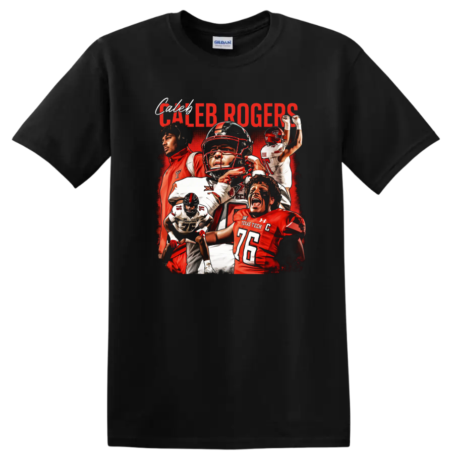 Caleb Rogers Texas Tech Red Raiders football action collage with bold red lettering on a Black T Shirt