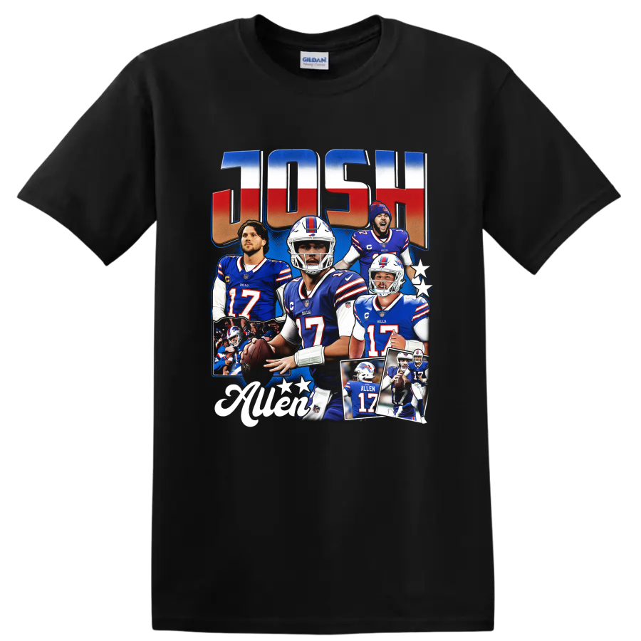 Josh Allen Buffalo Bills football collage with stars and ALLEN 17 action imagery on a Black T Shirt