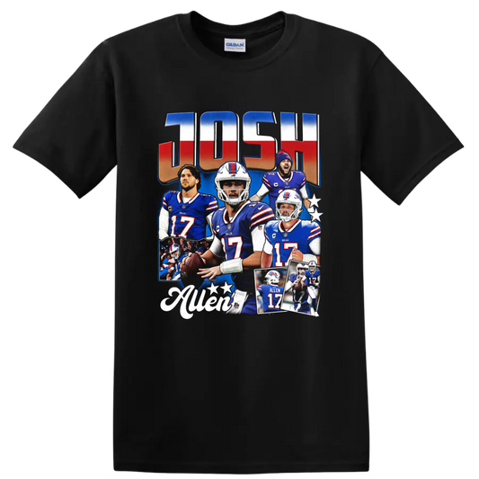 Josh Allen Buffalo Bills football collage with stars and ALLEN 17 action imagery on a Black T Shirt