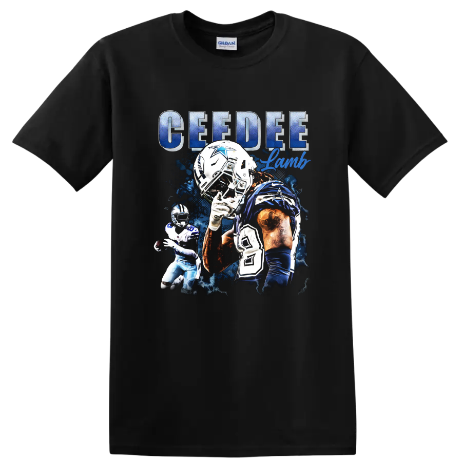 CeeDee Lamb Dallas Cowboys number 88 football collage with CEEDEE Lamb lettering on a Black T Shirt
