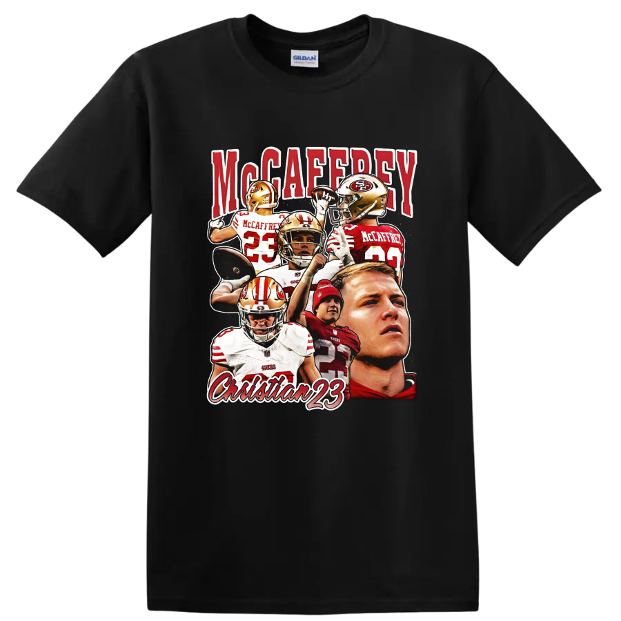 Christian McCaffrey 49ers number 23 football action collage with bold McCaffrey lettering on a Black T Shirt