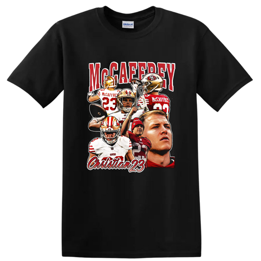 Christian McCaffrey 49ers number 23 football action collage with bold McCaffrey lettering on a Black T Shirt