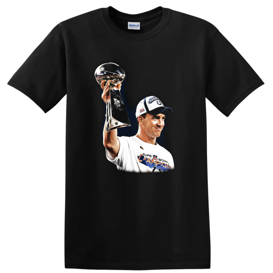 Peyton Manning raising the Lombardi Trophy in a Super Bowl champion sports illustration on a Black T Shirt