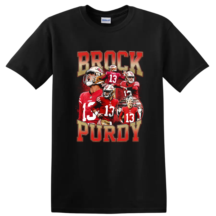 Brock Purdy San Francisco 49ers quarterback collage with bold BROCK PURDY lettering on a Black T Shirt