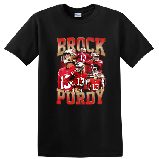 Brock Purdy San Francisco 49ers quarterback collage with bold BROCK PURDY lettering on a Black T Shirt