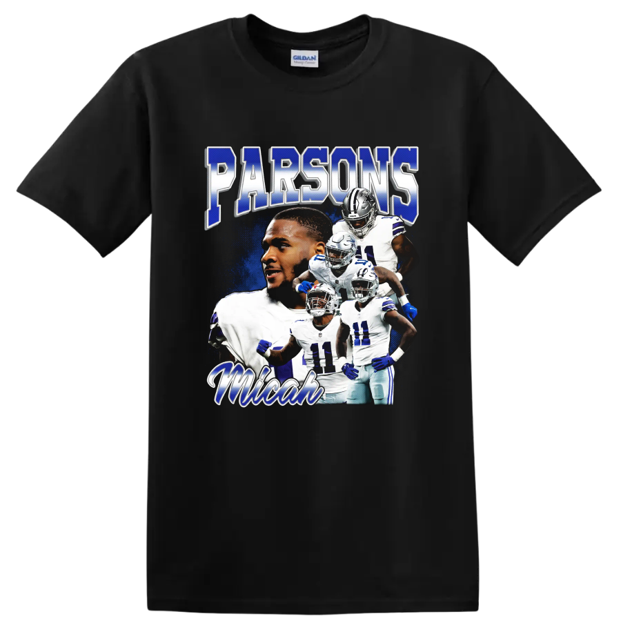 Micah Parsons Dallas Cowboys action collage with Parsons and football player imagery on a Black T Shirt