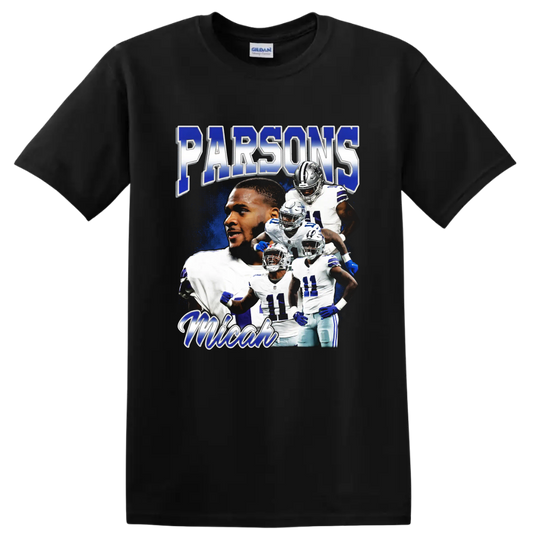 Micah Parsons Dallas Cowboys action collage with Parsons and football player imagery on a Black T Shirt