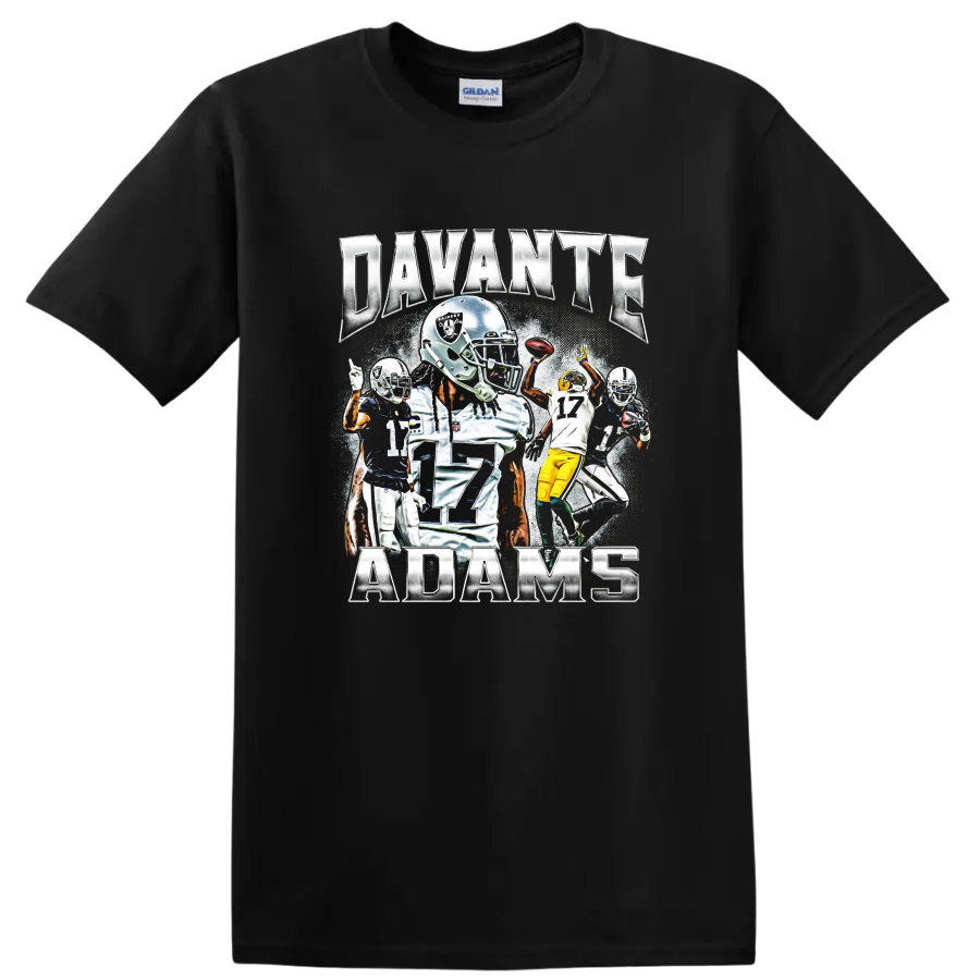 Davante Adams Las Vegas Raiders football action collage with metallic name lettering on a Black T Shirt