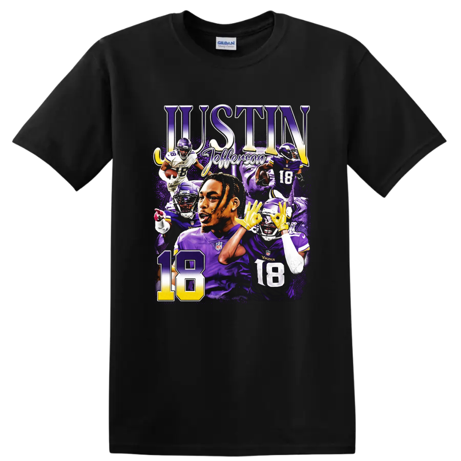 Justin Jefferson Minnesota Vikings number 18 purple football action collage on a Black T Shirt
