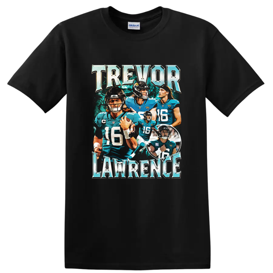 Trevor Lawrence Jaguars quarterback action collage with metallic lettering on a Black T Shirt