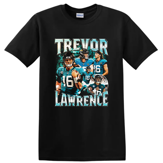 Trevor Lawrence Jaguars quarterback action collage with metallic lettering on a Black T Shirt