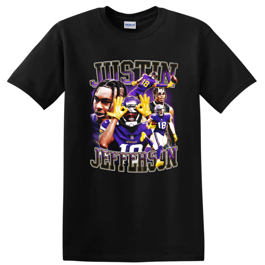 Justin Jefferson Minnesota Vikings football portrait collage with JUSTIN JEFFERSON text on a Black T Shirt