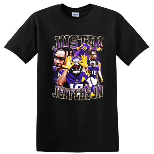 Justin Jefferson Minnesota Vikings football portrait collage with JUSTIN JEFFERSON text on a Black T Shirt