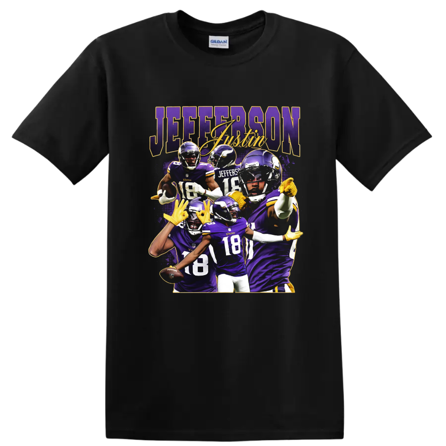 Justin Jefferson Minnesota Vikings football player collage with purple and gold action on a Black T Shirt