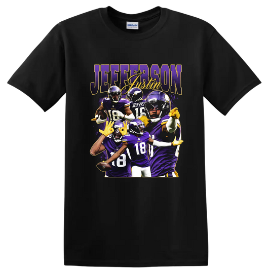 Justin Jefferson Minnesota Vikings football player collage with purple and gold action on a Black T Shirt