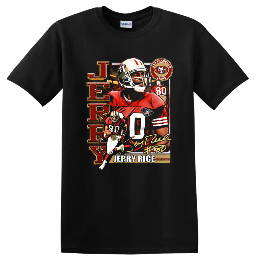 Jerry Rice 49ers retro football collage with number 80, action poses, and signature-style on a Black T Shirt