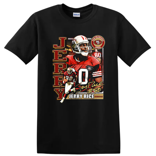 Jerry Rice 49ers retro football collage with number 80, action poses, and signature-style on a Black T Shirt