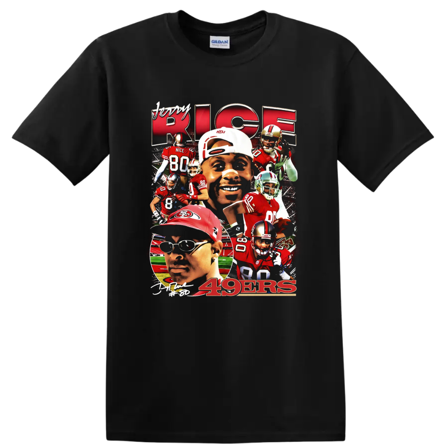 Jerry Rice San Francisco 49ers red and gold football action collage with 49ers text on a Black T Shirt