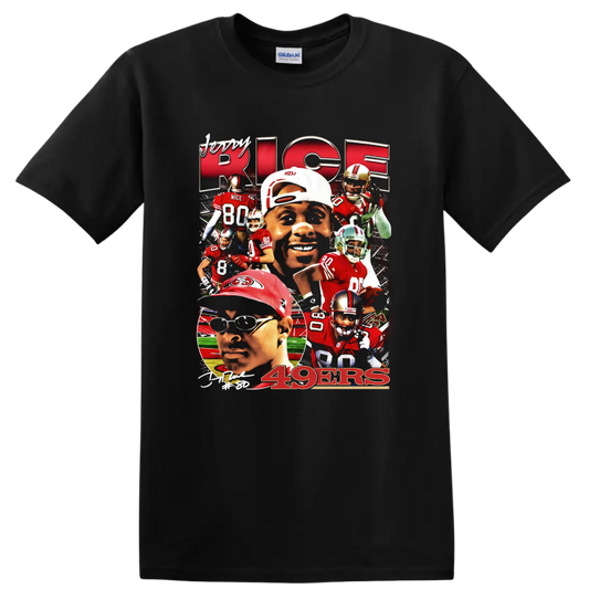 Jerry Rice San Francisco 49ers red and gold football action collage with 49ers text on a Black T Shirt
