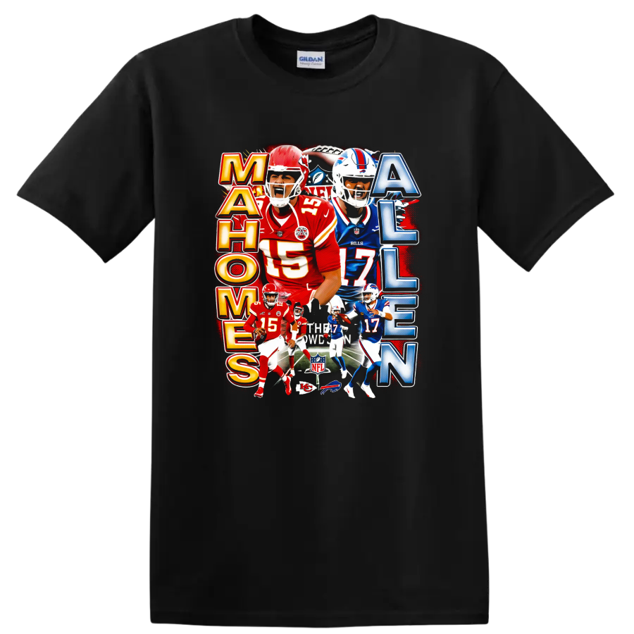 Patrick Mahomes and Josh Allen football rivalry collage with Chiefs and Bills action on a Black T Shirt