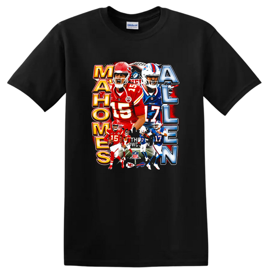 Patrick Mahomes and Josh Allen football rivalry collage with Chiefs and Bills action on a Black T Shirt