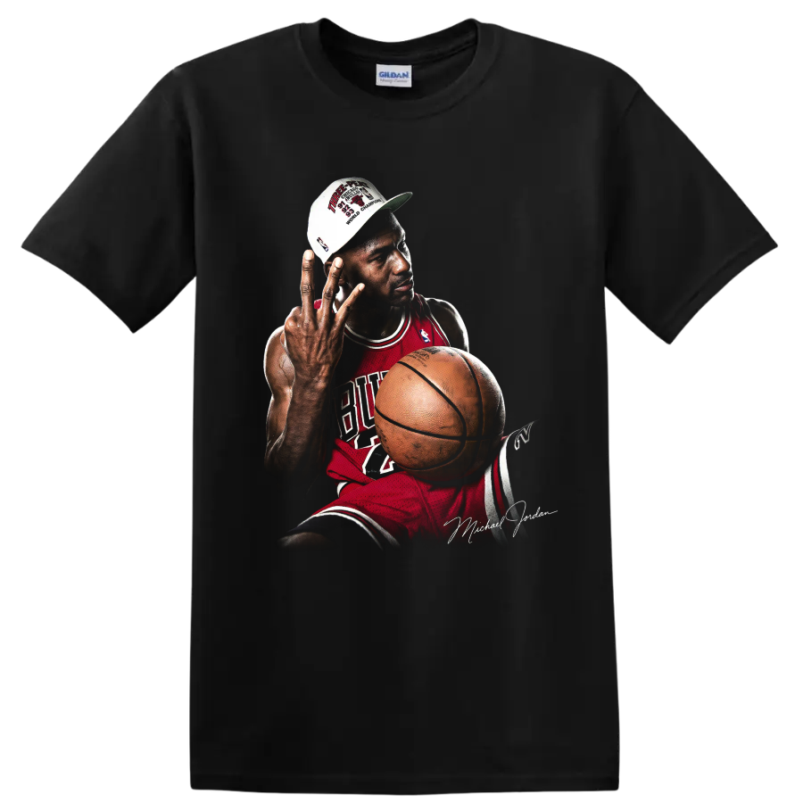 Michael Jordan Chicago Bulls championship portrait with basketball and victory cap on a Black T Shirt