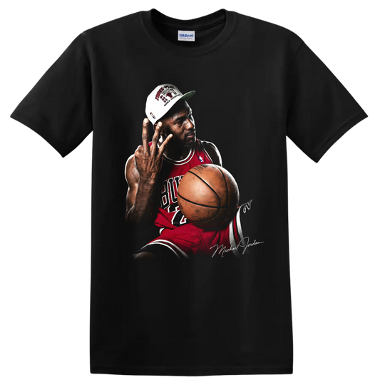 Michael Jordan Chicago Bulls championship portrait with basketball and victory cap on a Black T Shirt