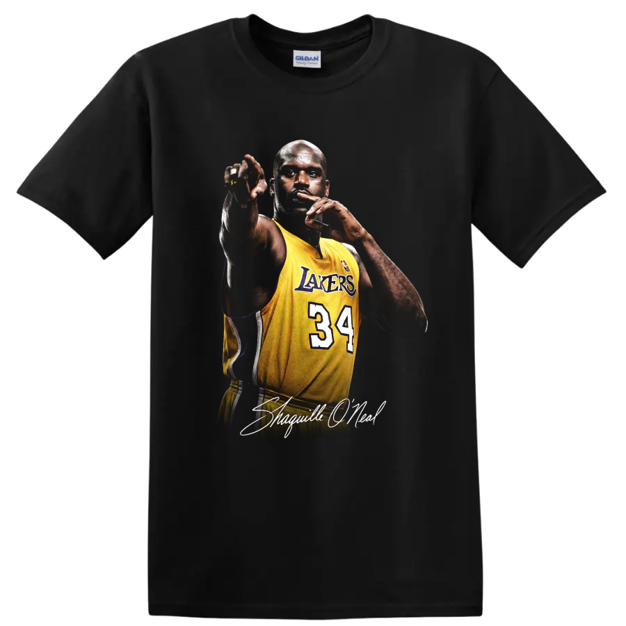 Shaquille O'Neal in Los Angeles Lakers number 34 jersey with signature lettering on a Black T Shirt