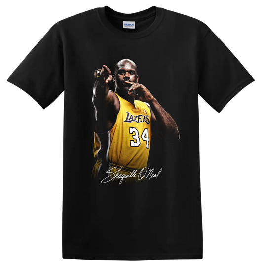 Shaquille O'Neal in Los Angeles Lakers number 34 jersey with signature lettering on a Black T Shirt