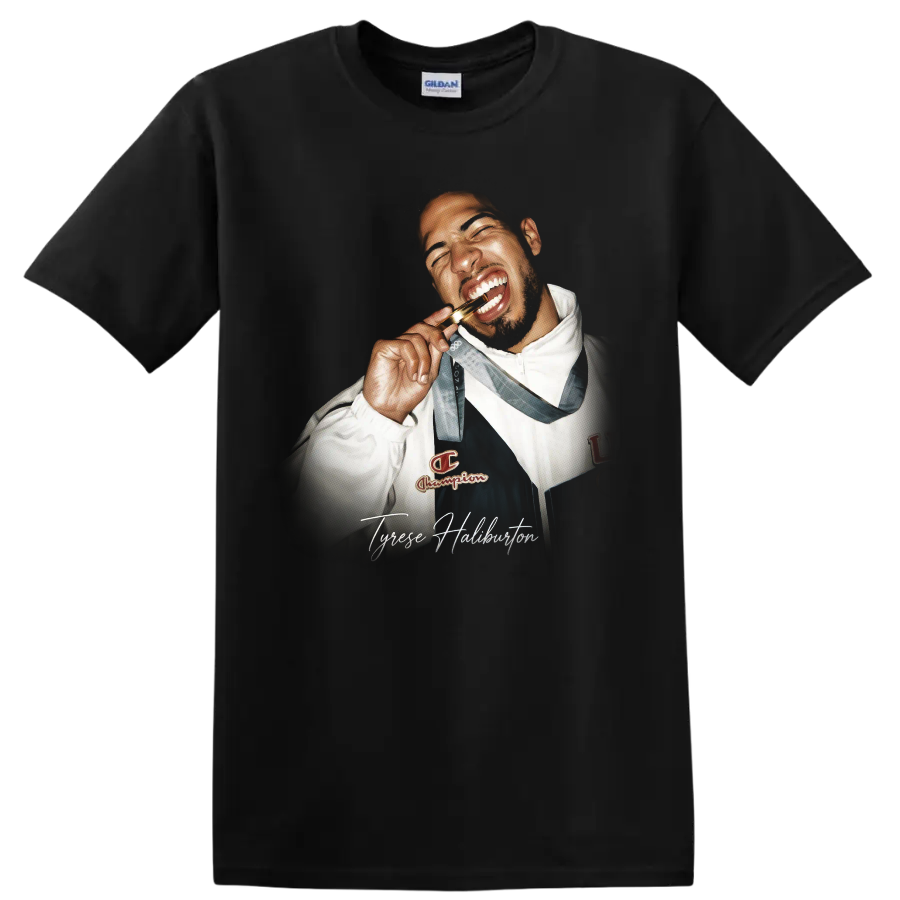 Michael Jordan Chicago Bulls basketball portrait with script-style name lettering on a Black T Shirt