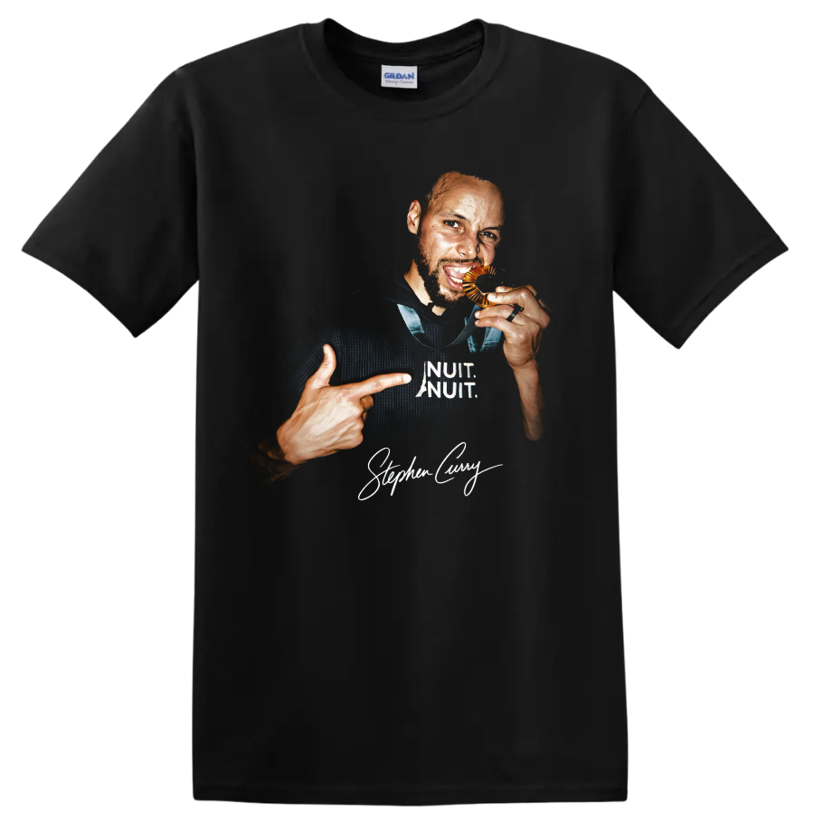 Stephen Curry basketball portrait with white lettering and signature-style graphic on a Black T Shirt