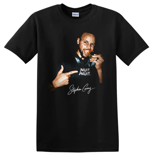 Stephen Curry basketball portrait with white lettering and signature-style graphic on a Black T Shirt