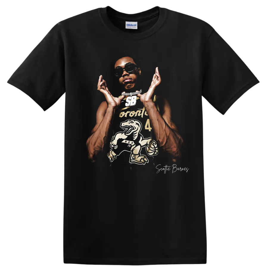 Scottie Barnes Raptors basketball portrait with sunglasses and dinosaur graphic on a Black T Shirt