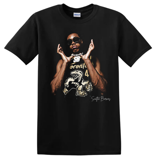 Scottie Barnes Raptors basketball portrait with sunglasses and dinosaur graphic on a Black T Shirt