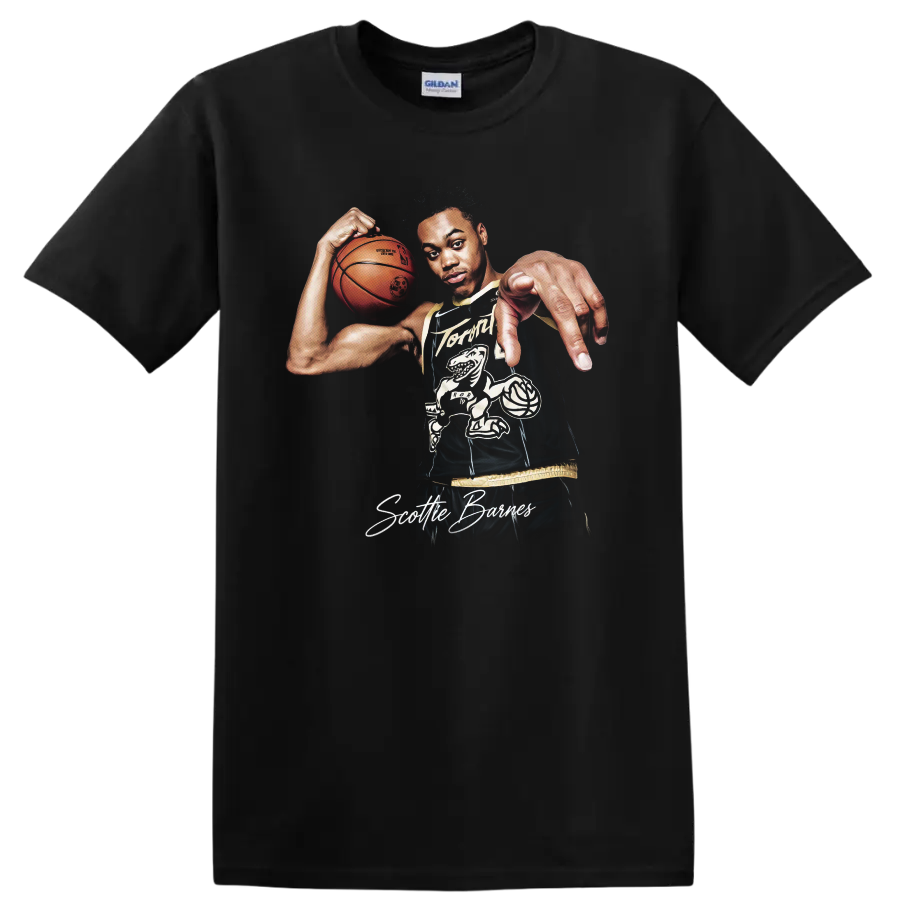 Scottie Barnes Raptors basketball player portrait with ball and signature artwork on a Black T Shirt
