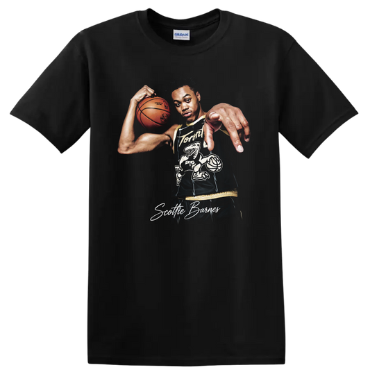 Scottie Barnes Raptors basketball player portrait with ball and signature artwork on a Black T Shirt