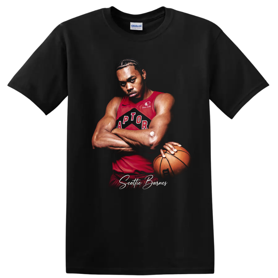 Scottie Barnes Toronto Raptors basketball player portrait with signature text on a Black T Shirt