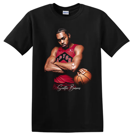 Scottie Barnes Toronto Raptors basketball player portrait with signature text on a Black T Shirt