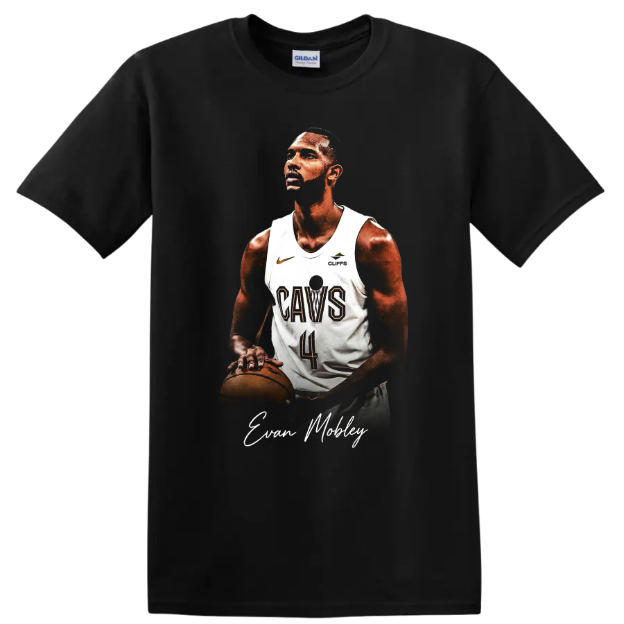 Evan Mobley Cavaliers basketball portrait with jersey, ball, and signature-style name on a Black T Shirt