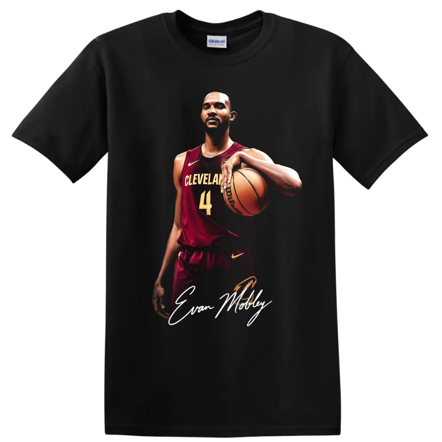 Evan Mobley Cleveland Cavaliers basketball portrait with number 4 and signature script on a Black T Shirt