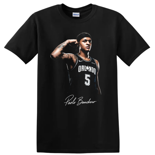 Paolo Banchero Orlando Magic player portrait with number 5 jersey and signature on a Black T Shirt