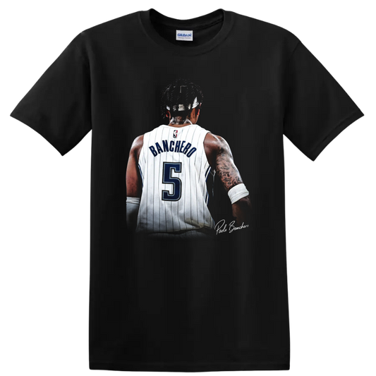 Paolo Banchero rear jersey portrait in white pinstripes with blue number 5 on a Black T Shirt