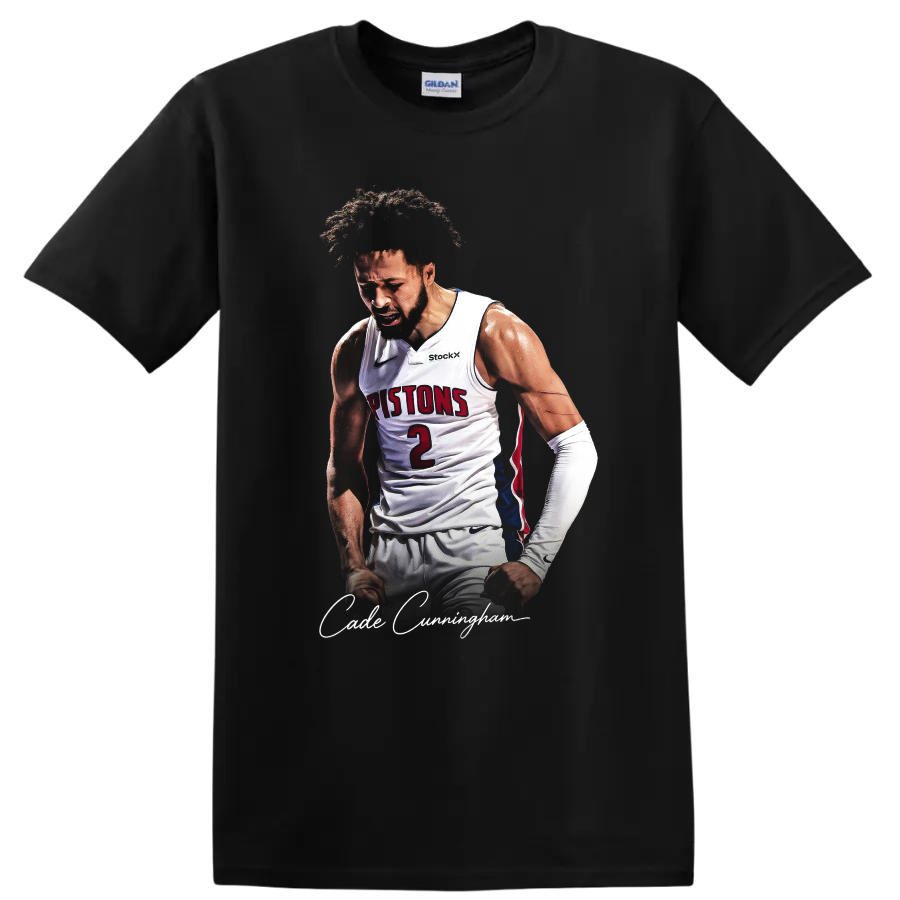 Cade Cunningham Detroit Pistons basketball portrait with number 2 and signature text on a Black T Shirt
