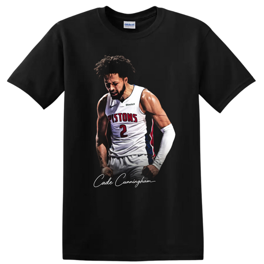 Cade Cunningham Detroit Pistons basketball portrait with number 2 and signature text on a Black T Shirt