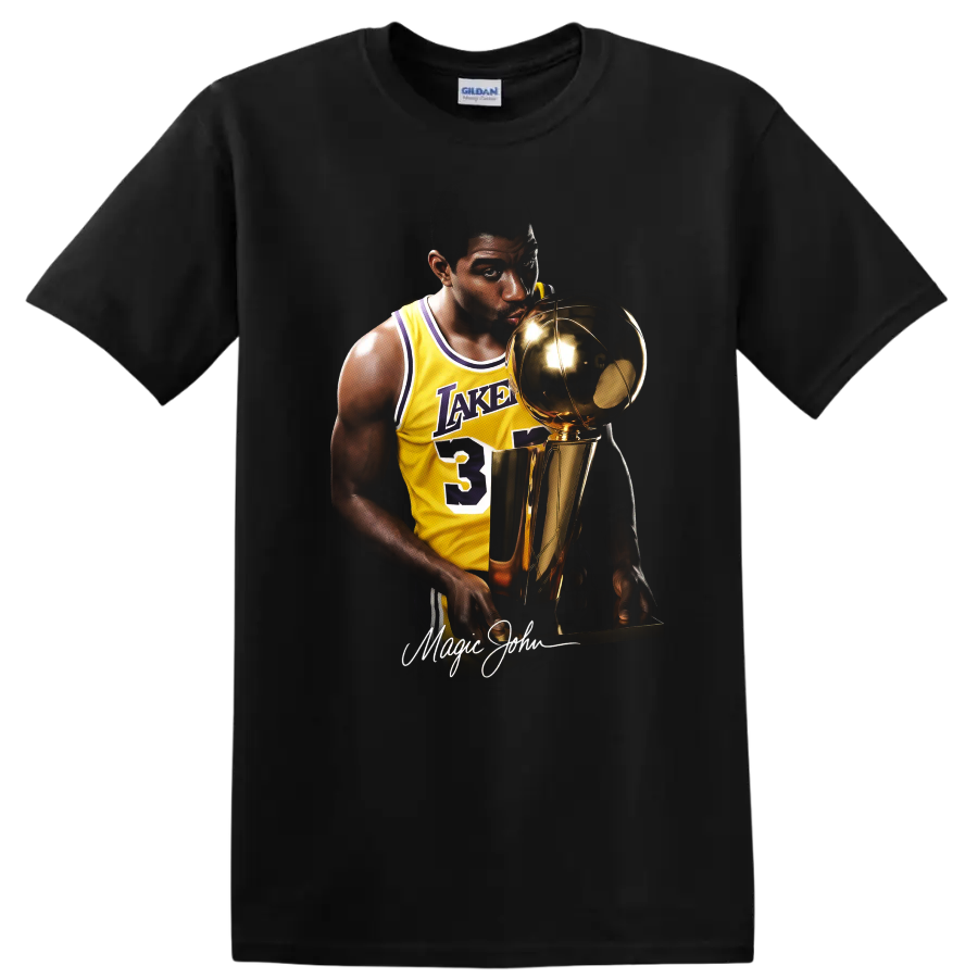 Magic Johnson in Los Angeles Lakers No. 32 jersey holding championship trophy portrait on a Black T Shirt