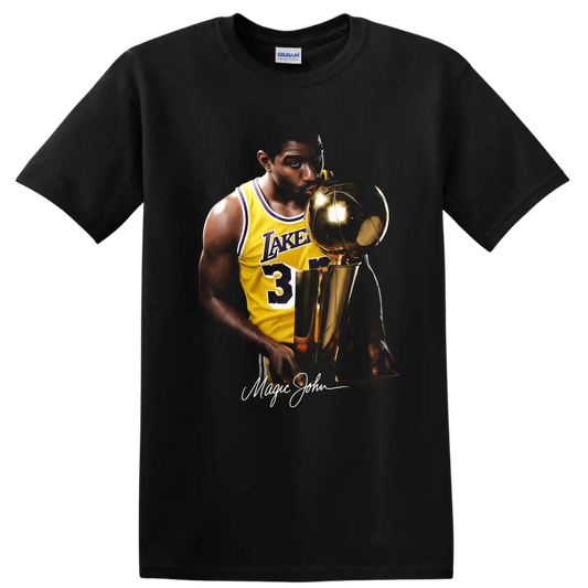 Magic Johnson in Los Angeles Lakers No. 32 jersey holding championship trophy portrait on a Black T Shirt